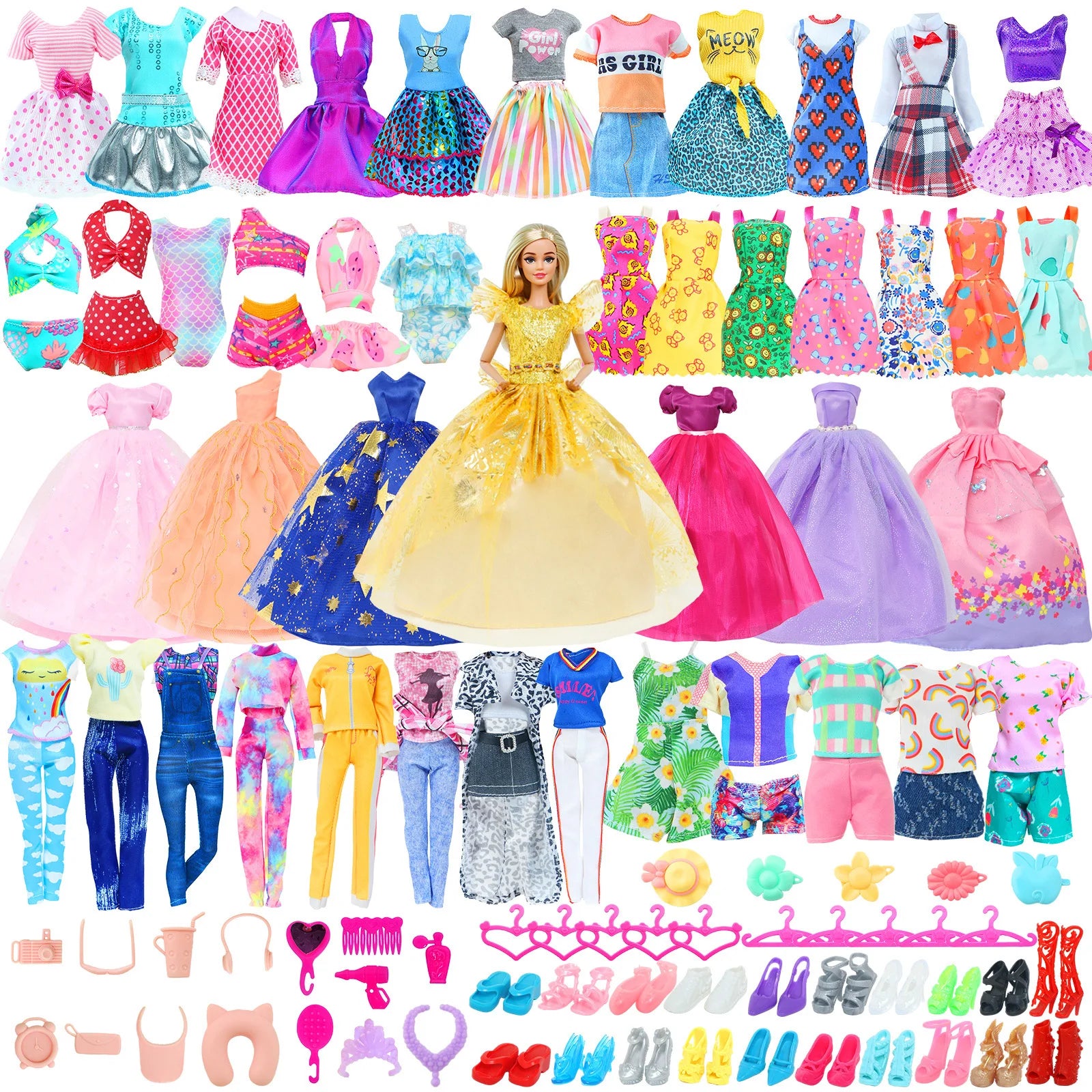 50 Pcs/Set Handmade Doll Clothes for 11.5'' Doll 2 Evening Gown Bikinis 3 Outfit 2 Mini Dress 10 Hangers 31 Accessories Kids 