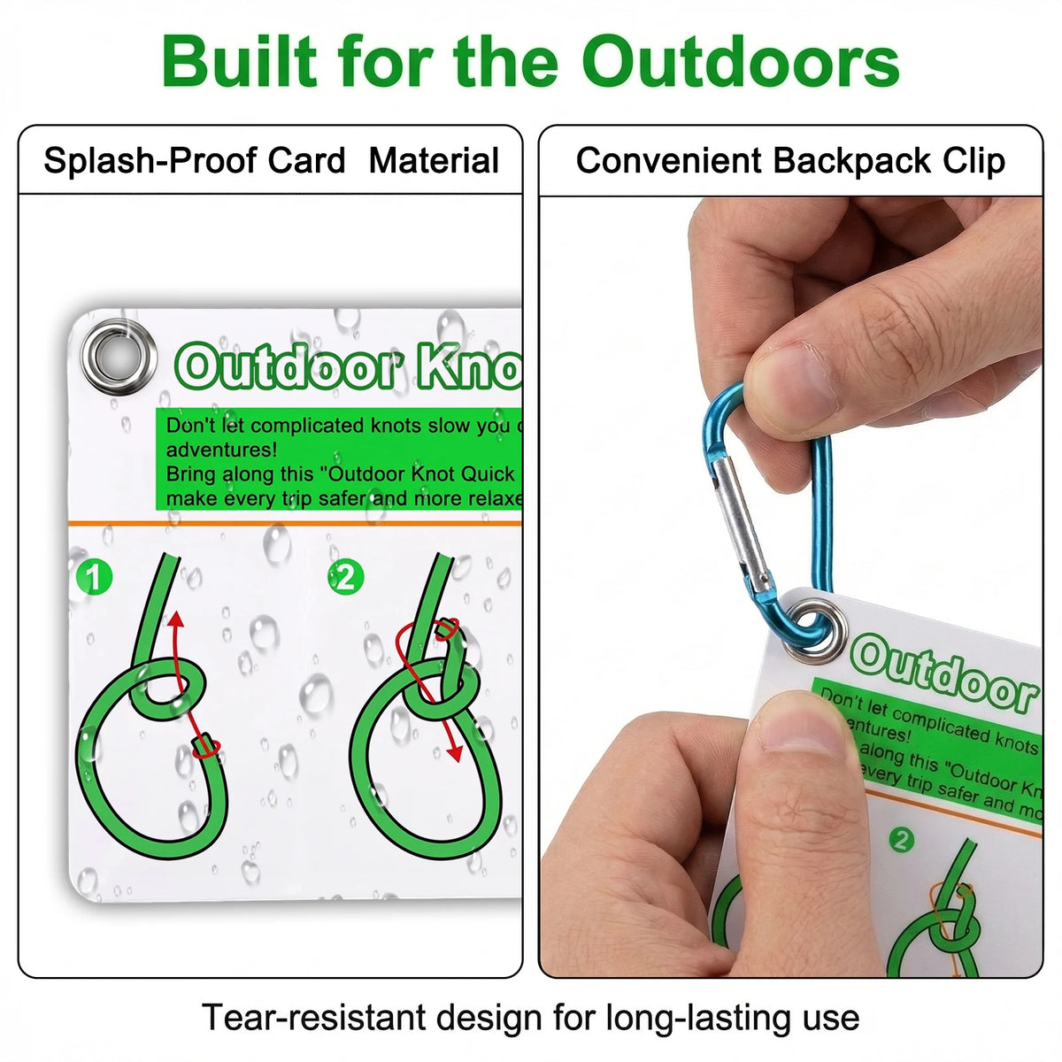 7PCS/SET Outdoor Knot Essentials Cards 27 Classic Knots Guide with Mini Carabiner, Durable Pocket Reference for Camping Backp