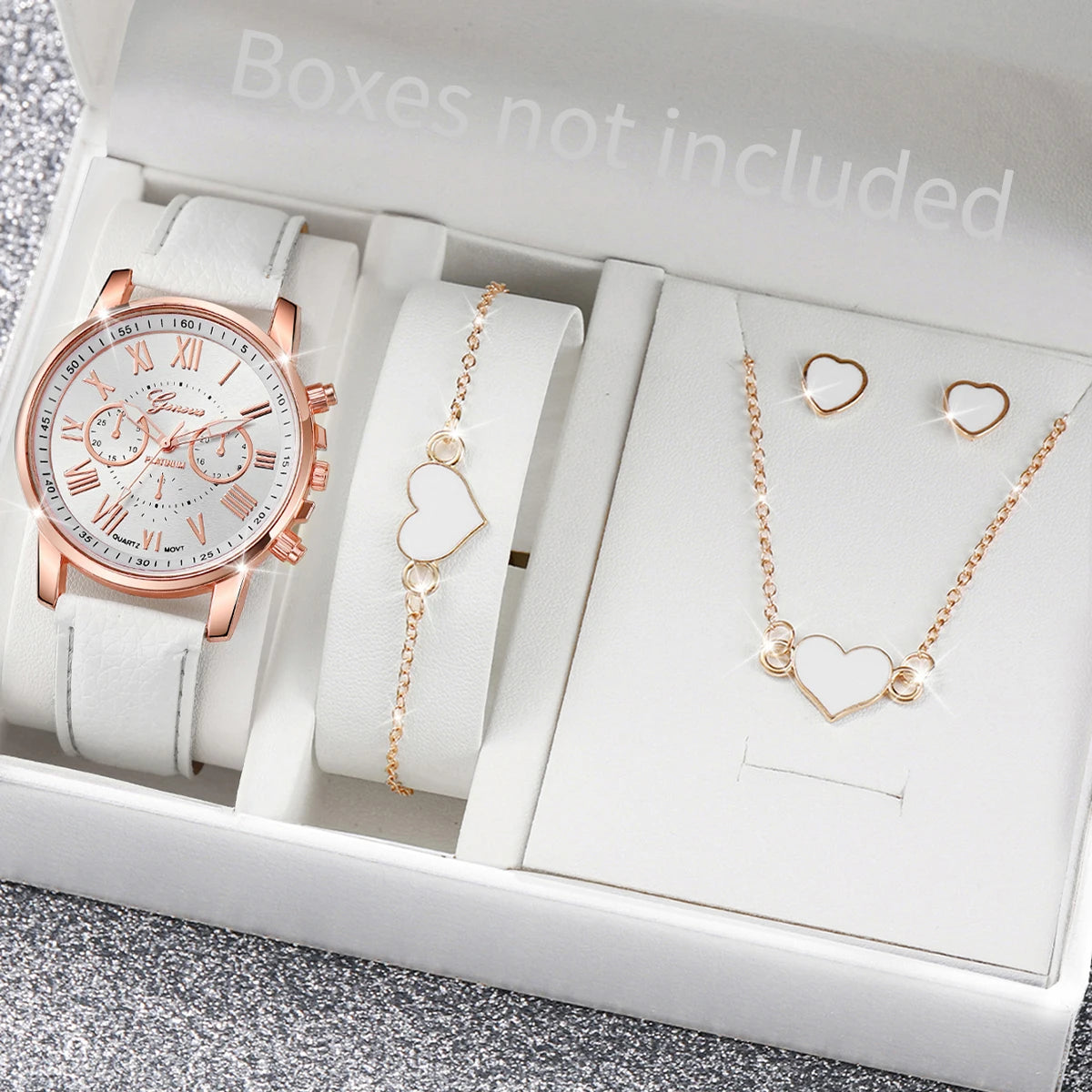 5/6PCS Fashion Women's Quartz Watch Leather Band Analog Wrist Watches Heart Rhinestone Jewelry Set(Without Box) - D Without B