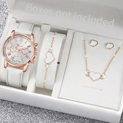 5/6PCS Fashion Women's Quartz Watch Leather Band Analog Wrist Watches Heart Rhinestone Jewelry Set(Without Box) - D Without B
