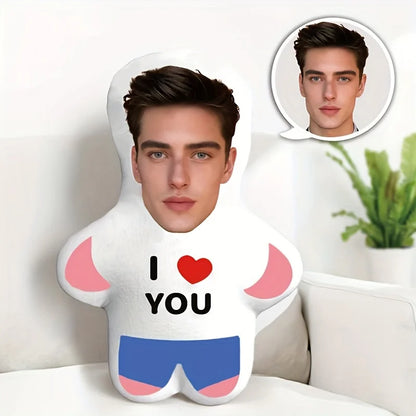 Customized 'I Love You' Mini Plush Doll Personalized Photo Pillow, Perfect Couple Gift, Soft Polyester - Image customization