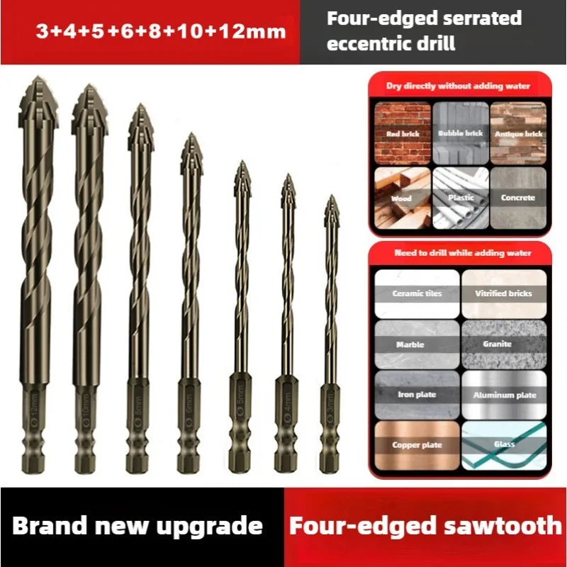 High-Four-Edged Serrated Eccentric Drill for Dry Drilling of Ceramic Tiles, Glass, Marble, Concrete, Stainless Steel Drill Bi