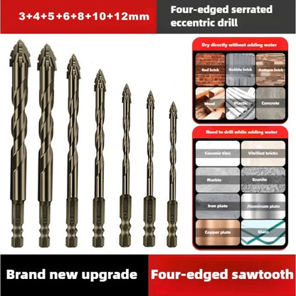 High-Four-Edged Serrated Eccentric Drill for Dry Drilling of Ceramic Tiles, Glass, Marble, Concrete, Stainless Steel Drill Bi