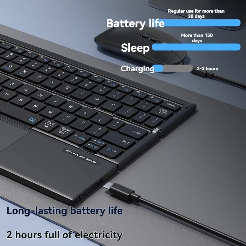Triple Fold Tablet Keyboard with Portable Touch Pad Wireless Bluetooth Keyboard for IPad Laptop Computer PC Accessories Gifts