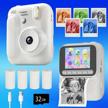 Color Printing Camera Kids Instant Camera 32GB 1080P Thermal Print Digital Camera Print Photo Video Games Music Children Gift