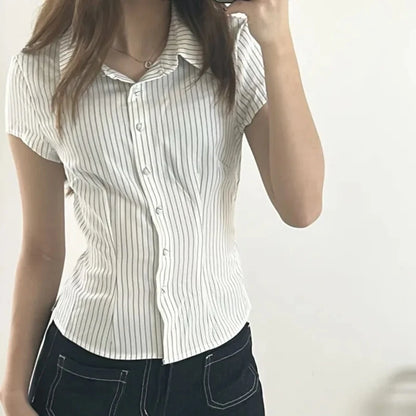 Women Short Sleeve Button Down Shirts Vintage Stripe Print Slim Fitted Cropped Collared Blouse Elegant Lady Business Shirts -