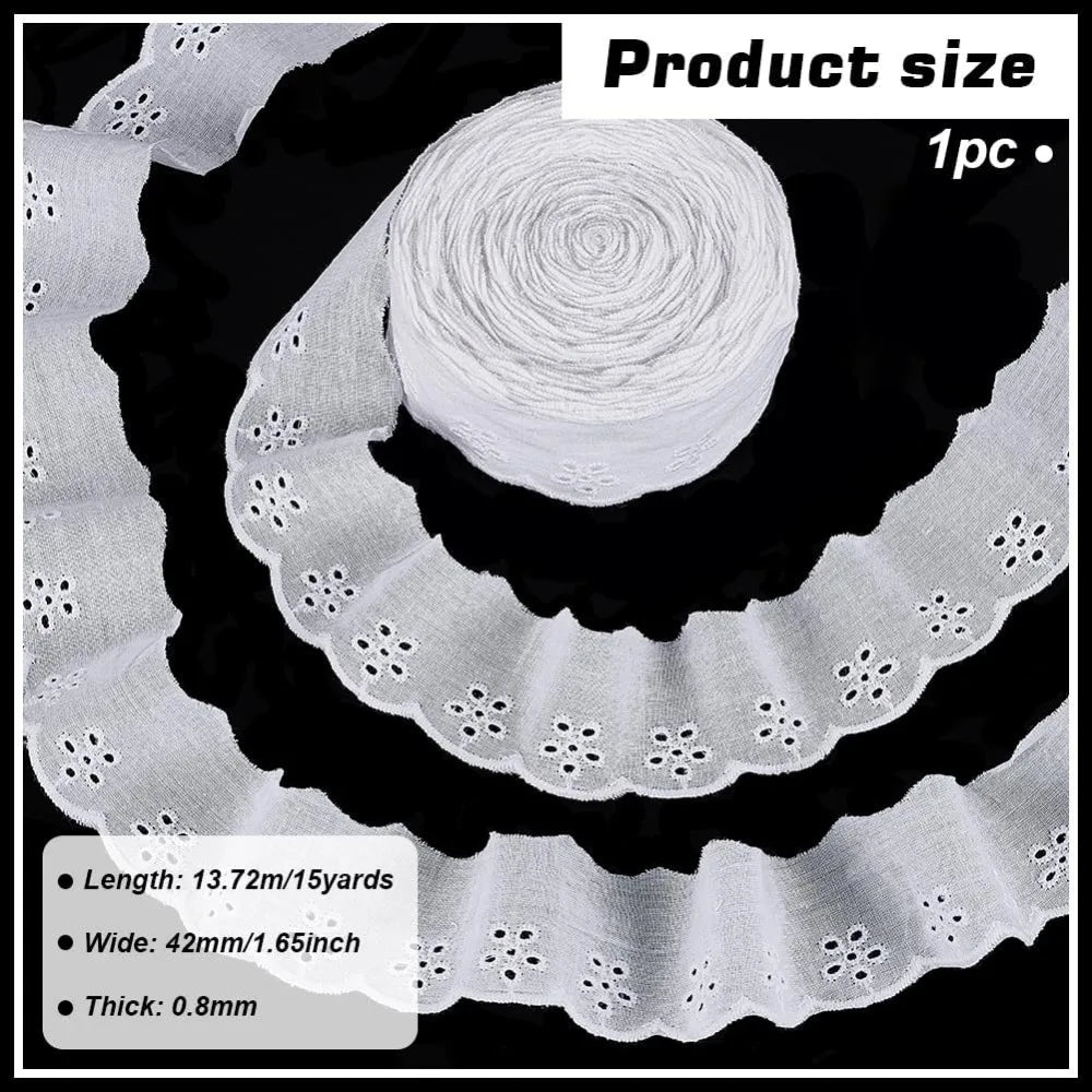 15 Yards Cotton Lace Trim 1-5/8 inch White Cotton Eyelet Lace Ribbon Floral Embroidery Ruffle Lace Trim Wavy Edge Floral Cott