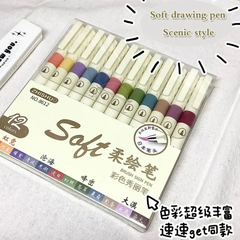 12/6 Color Vintage Watercolor Lettering Art Marker Drawing Pen Set Multicolor Soft Brush Tip Calligraphy Painting Art Supplie