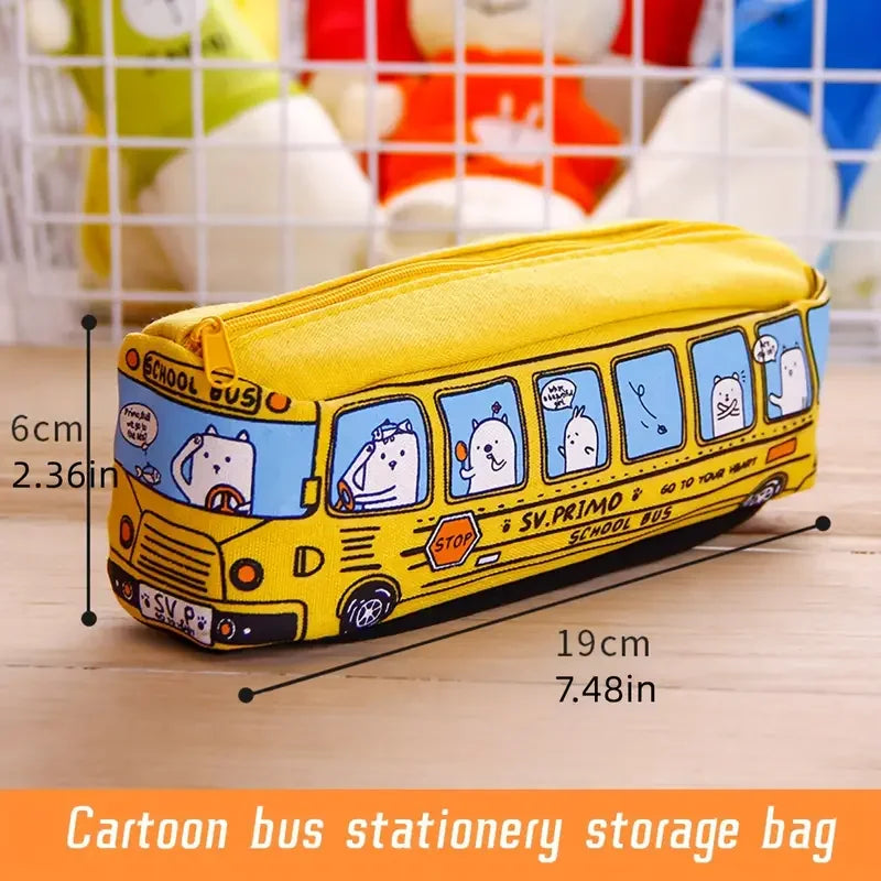 1pc Creative Large Capacity Canvas School Bus Pencil Case Pencil Bag Stationery Pen Bag to Store School Supplies