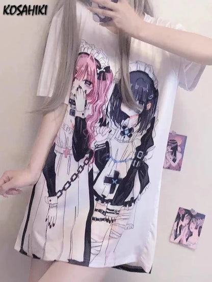 KOSAHIKI Y2k Aesthetic Cute Cartoon Print Round Neck Short-sleeved T-shirt Women 2026 Casual Loose Top Japanese Kawaii Tees