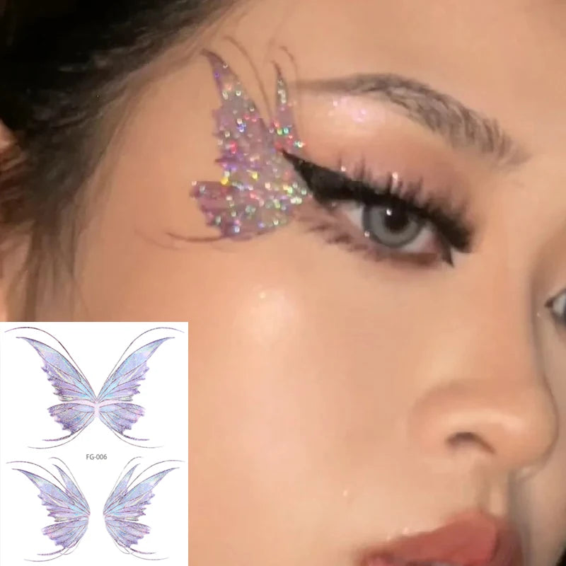 3D Fairy Butterfly Wings Shiny Tattoo Sticker Waterproof Eyes Face Body Art Fake Tattoos For Women Makeup Dance Music Festiva