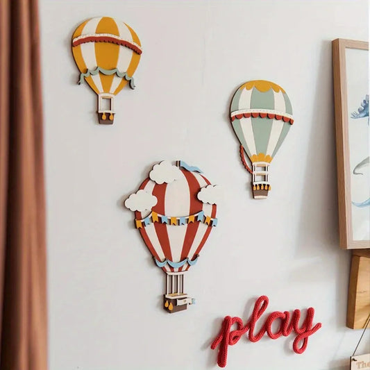 3D Wooden Hot Air Balloon Decorative Panels (Set of 3) - Vintage Style Home Wall Decorations, Colorful Hot Air Balloon Decora