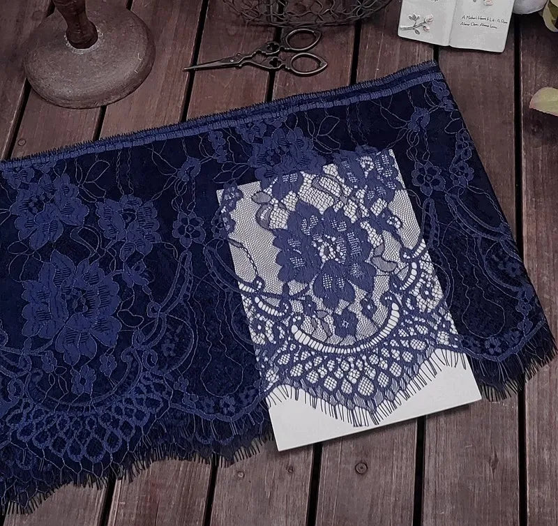 3m long 26cm wide quality eyelash lace fabric handmade diy dress skirt accessories - navy blue