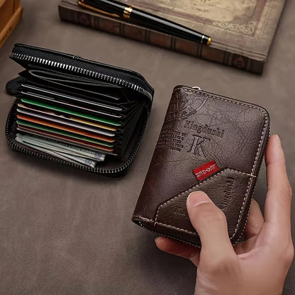 ​​Vintage PU Leather Slim Wallet - Zipper RFID Blocking 11-Slot Card Holder, Retro Style Gift for Men & Women, Classic Design