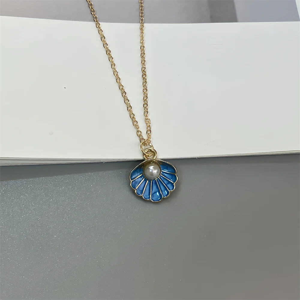 Colorful Shell Pendant Necklace Imitation Pearl Fashion Women Neck Jewelry Golden Color Link Chain Jewelry