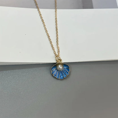 Colorful Shell Pendant Necklace Imitation Pearl Fashion Women Neck Jewelry Golden Color Link Chain Jewelry
