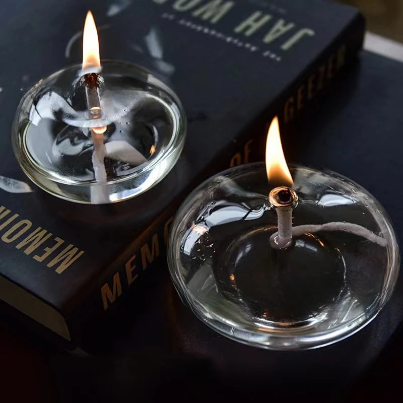 Handcrafted Flat Transparent Glass Candle Holder Oil Lamp，With a light core，Can be used as table candles，Christmas home decor