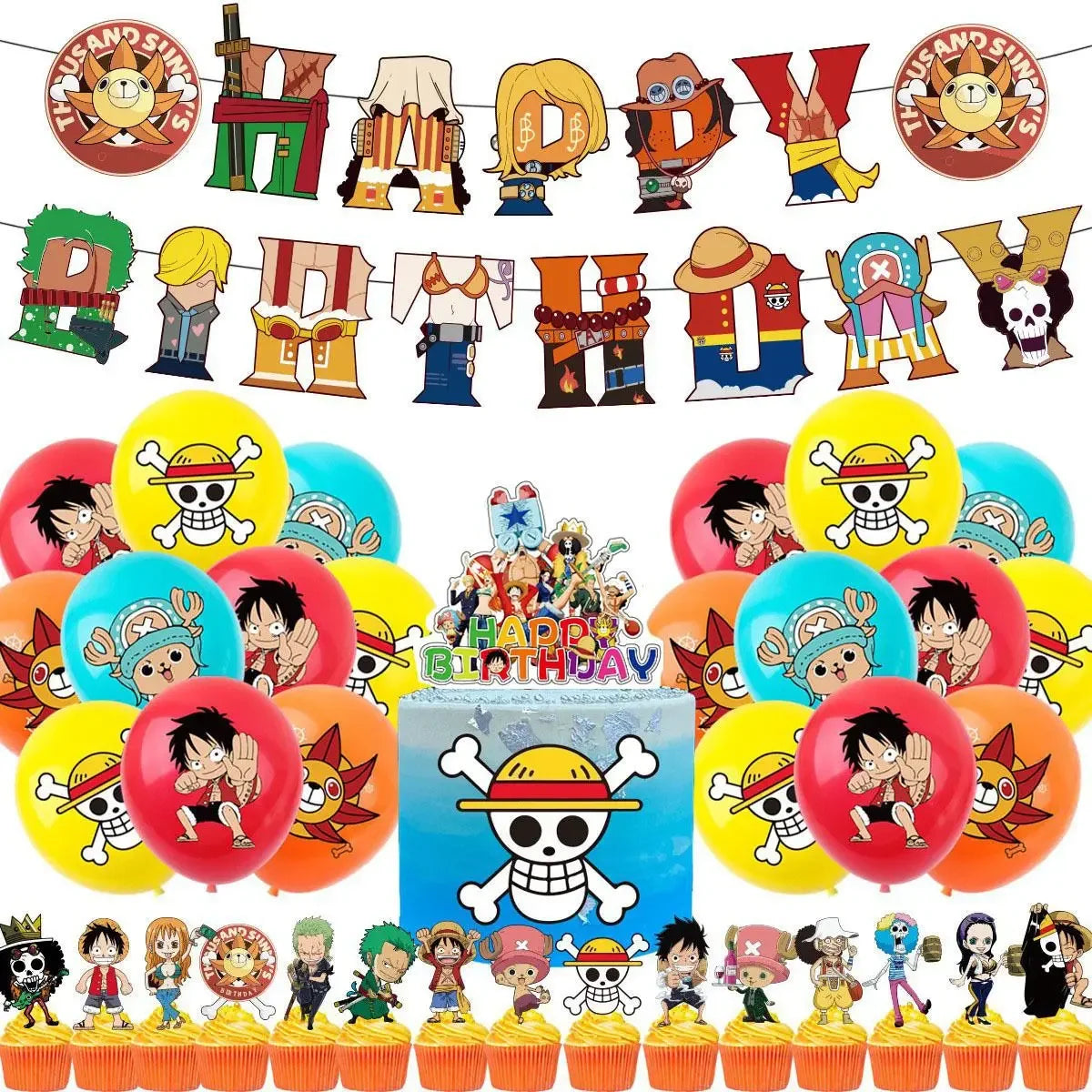ONE PIECE Birthday Party Supplies Balloons Flags Cake Decorations for Kids Cartoon Theme - ONE A