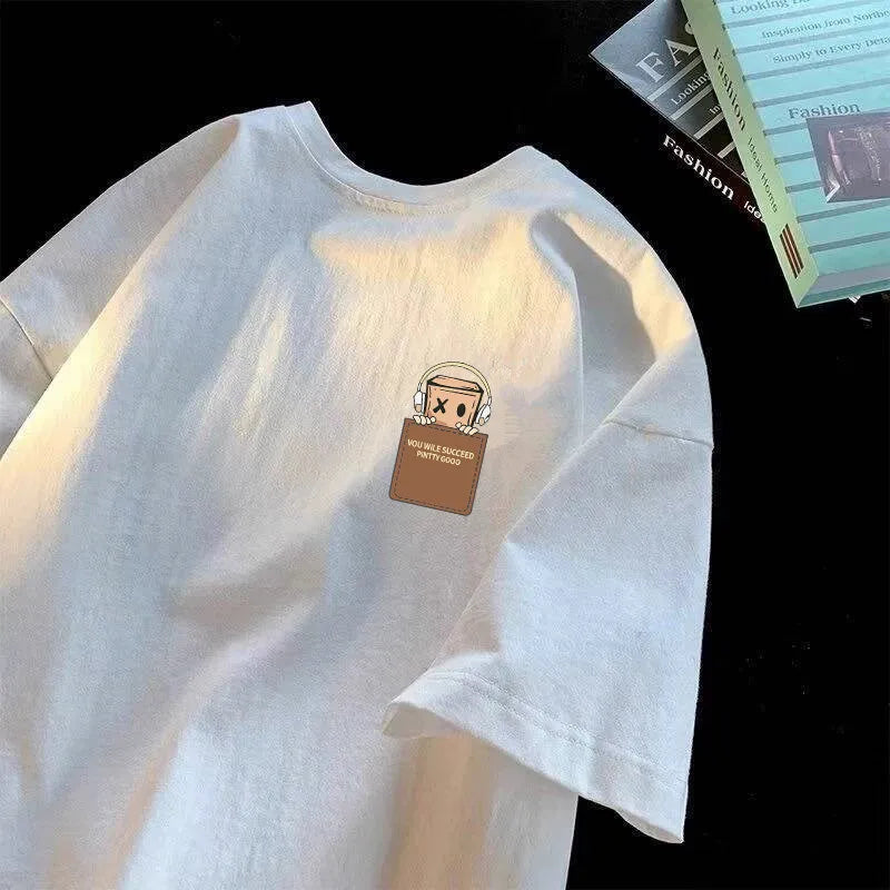 American Style Vintage Fashion Simple Design Print Cotton Men T Shirt Oversized Sports Short Sleeve Round Neck Couple Unisex 