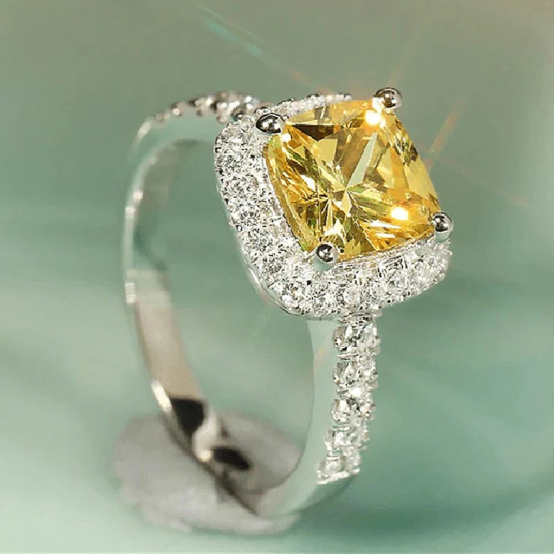 CAOSHI Graceful Wedding Ring Lady Bright Yellow Crystal Accessories for Women Fashion Aesthetic Jewelry for Engagement Party