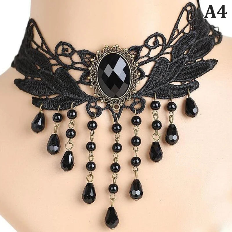 New Sexy Gothic Chokers Crystal Black Lace Neck Choker Necklace Vintage Victorian Women Chocker Steampunk Jewelry - A4