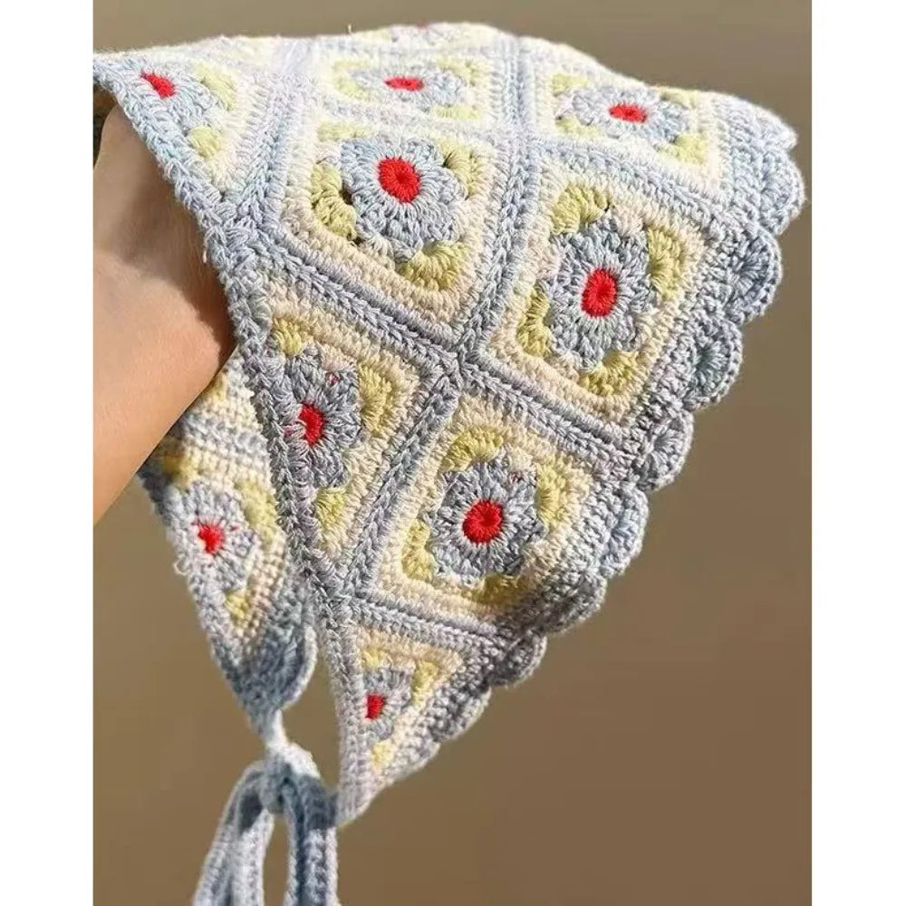 Retro Knitted Triangle Headband Crochet French Pastoral Style Girl Flower Headscarf Handmade Hollow Beach Vacation Headkerchi