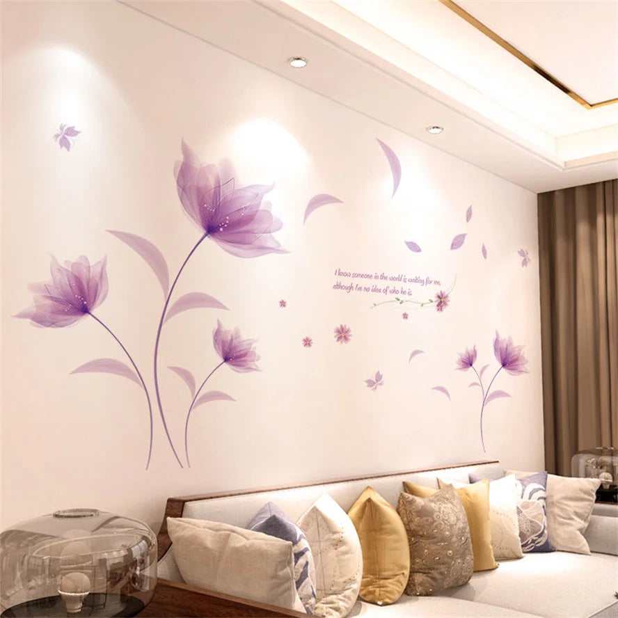 DIY Purple Lavender Living Room Wall Stickers Decor Self-adhesive Flowers Butterfly Wall Decals Mural Bedroom Home Decoration