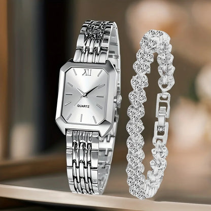 2PCS/Set Fashion Rectangle Women Quartz Watch Ladies Roma Dial Wristwatches Rhinestone Bracelet Set Reloj Mujer Girls Clock G
