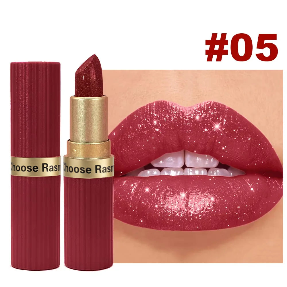 Pearlescent Pink Glitter Velvet Lipstick Metallic Waterproof Long Lasting Matte Shimmer Diamond Lipstick Women Makeup Cosmeti