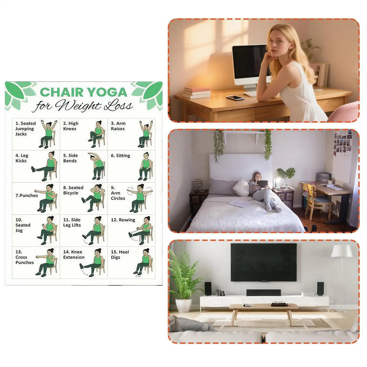 Chair Yoga Chart 30-Day Workout Charts 2 Pieces Chair Yoga Trainer Guide for Senior Beginner Mobility Balance Flexibility