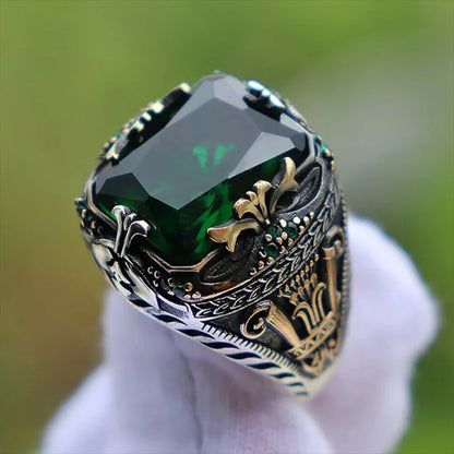 Retro Handmade Turkish Signet Ring for Men Vintage Silver Color Carving Pattern Inlay Green Zircon Party Punk Motor Biker Rin