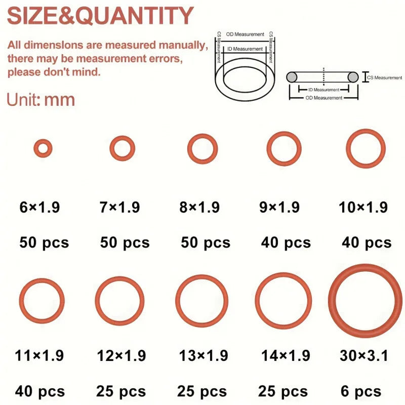 351pcs Silicone O-Ring Set, 10 Sizes, Oil and Heat Resistant, Suitable for Cars and Pipelines