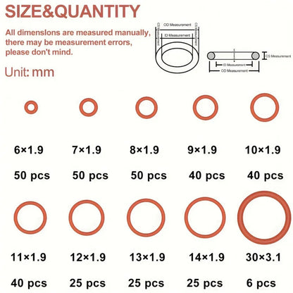351pcs Silicone O-Ring Set, 10 Sizes, Oil and Heat Resistant, Suitable for Cars and Pipelines