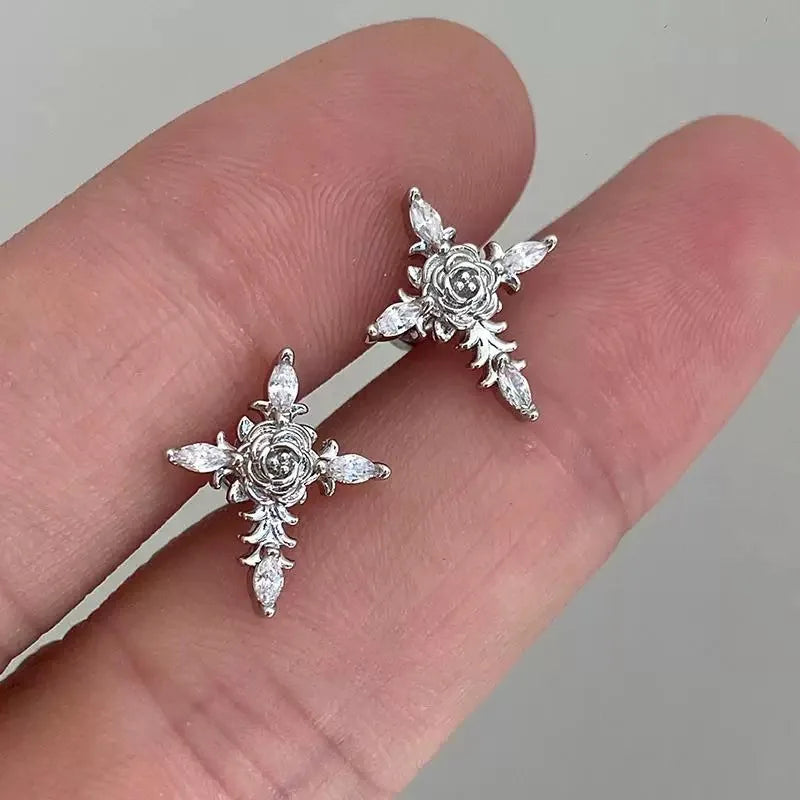 Shiny Rhinestone Zircon Cross Earrings For Women Korean Fashion Stainless Steel Earring Daily Birthday Party Y2K Jewelry Gift