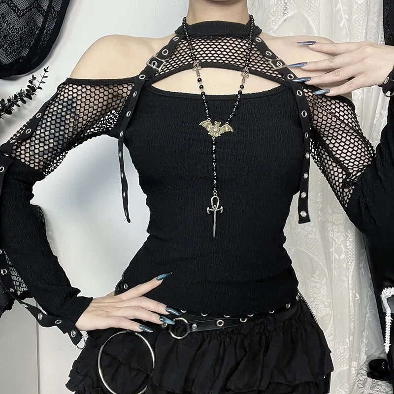 Goth Dark Punk Grunge Fishnet Patchwork Off Shoulder T-shirts Trim Corn Strap Halter Tops Autumn Mall Gothic Streetwear T-shi