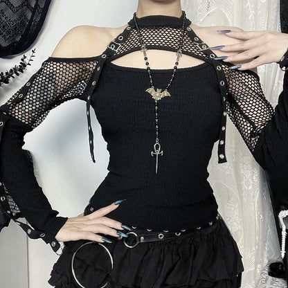 Goth Dark Punk Grunge Fishnet Patchwork Off Shoulder T-shirts Trim Corn Strap Halter Tops Autumn Mall Gothic Streetwear T-shi