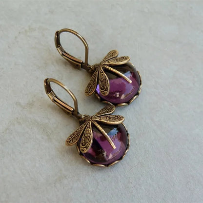 Vintage Bronze Dragonfly Earrings Fashion Gold Color Metal Carving Pattern Inlaid Moonstone Drop Earrings for Women Jewelry
