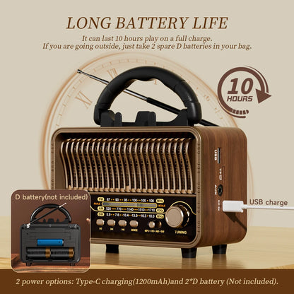 Retro Wireless Radio Portable AM/FM/SW with USB Rechargeable Battery with Antenna, AUX and TF Card Playback, Suitable for Hom