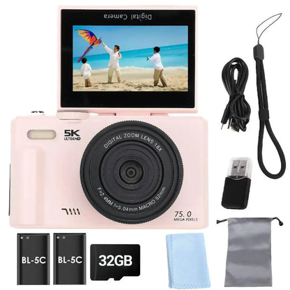 75MP Digital Camera for Photography 5K 18X Digital Zoom Vintage Vlog Video Recorder For YouTube 180° Flip Screen Selfile WiFi