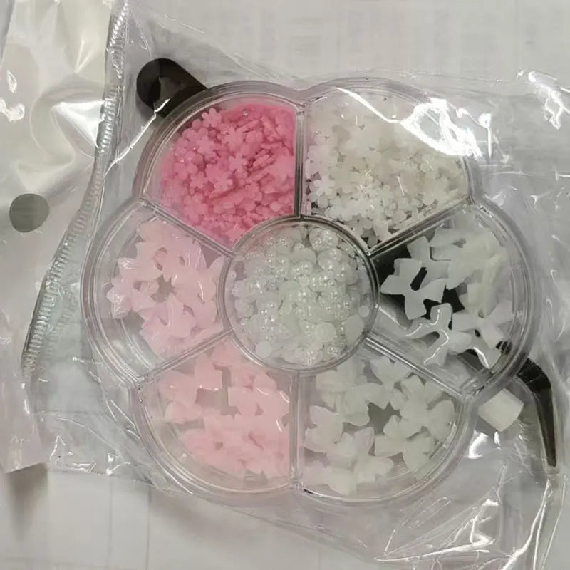 1box 3D Flower Bow Nail Art Decorations Kit Pink/White Acrylic Floral/Peal Beads Nail Charm with Wax Pen/Tweezer 4/6mm Nail P