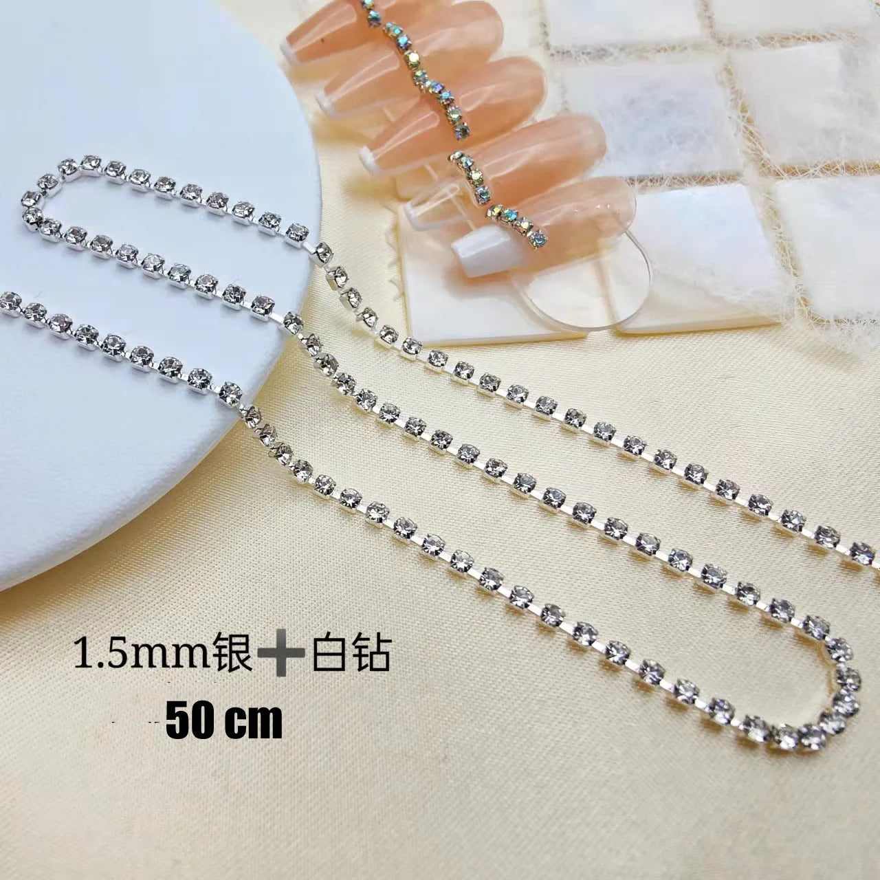 100/50cm Long Luxury Crystal Chain Nail Charms 1.5/2mm Shinying Clear/AB Diamond Nail Art Metal Steel French Manicure Crystal