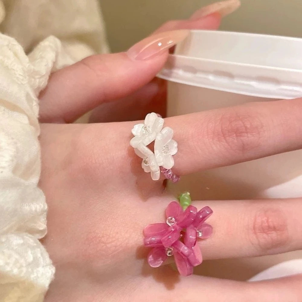 New Romantic Cute Violet Flower Ring Spring Summer Elastic Beaded Rings for Women Friends Korea Finger Jewelry Accessories Gi