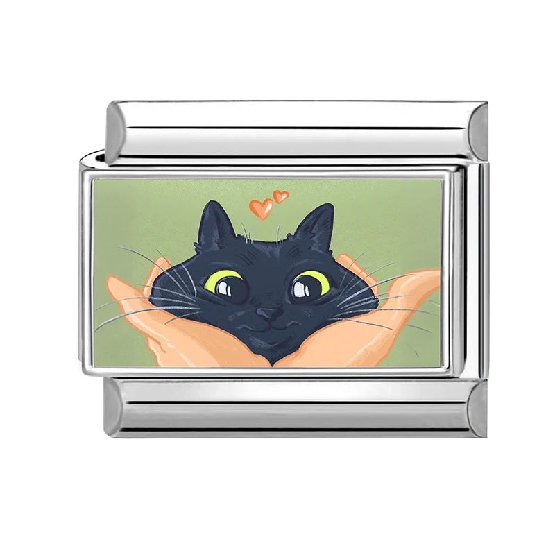 2026 New Women's Gift Cute Cat Looks at the cake Italian Charm Links Beads Fit 9mm Stainless Steel Modular Bracelet Jewelry G