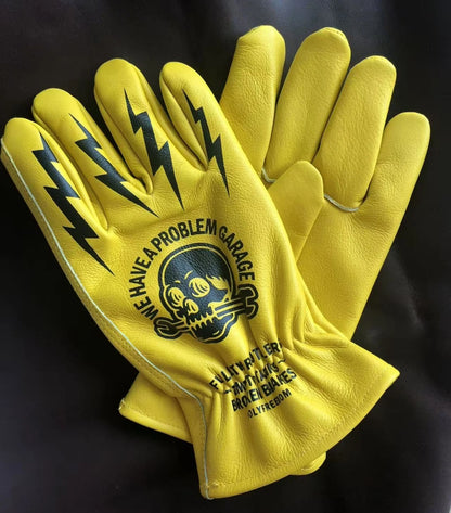 Vintage Skull Print Leather Motorcycle Gloves Multi-Purpose for Gardening Camping Riding Outdoor Use Cowhide Leather Work Glo
