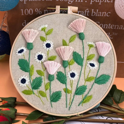 3D Embroidery Starter Kits with Flowers Pattern for Adults Beginners, Floral Stamped Cross Stitch Kit, Hand DIY Needlepoint K