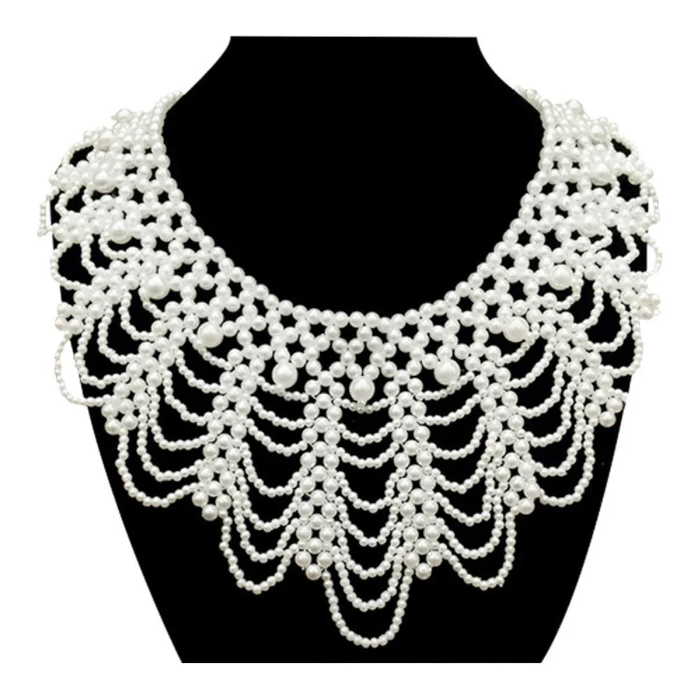 Pearl Beaded Lace Trim Collar Ribbons Women Necklace Jewelry for Clothes Wedding Dress - white