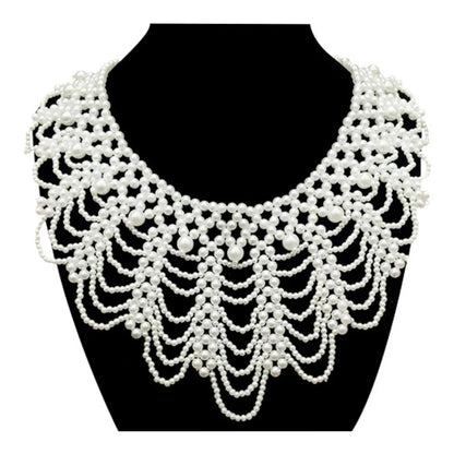 Pearl Beaded Lace Trim Collar Ribbons Women Necklace Jewelry for Clothes Wedding Dress - white