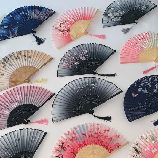 1Pc Vintage Silk Folding Fan Retro Chinese Japanese Bamboo Folding Fan Tassel Dance Hand Fan Home Decoration Ornament Craft G