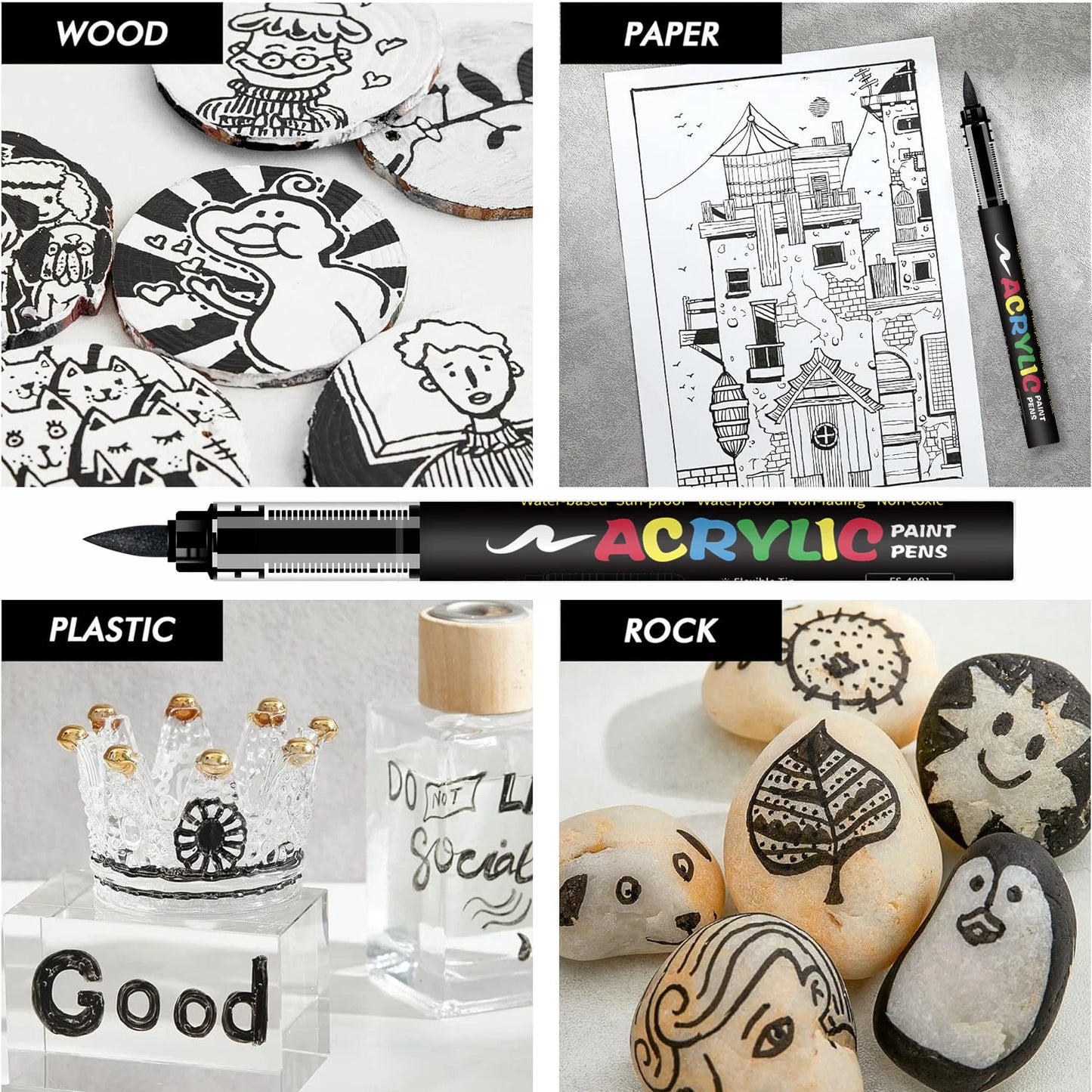 8pcs Black and White Acrylic Paint Markers Set, Large Ink Capacity, Acrylic Markers for Illustration Sketching, Wood, Glass, 