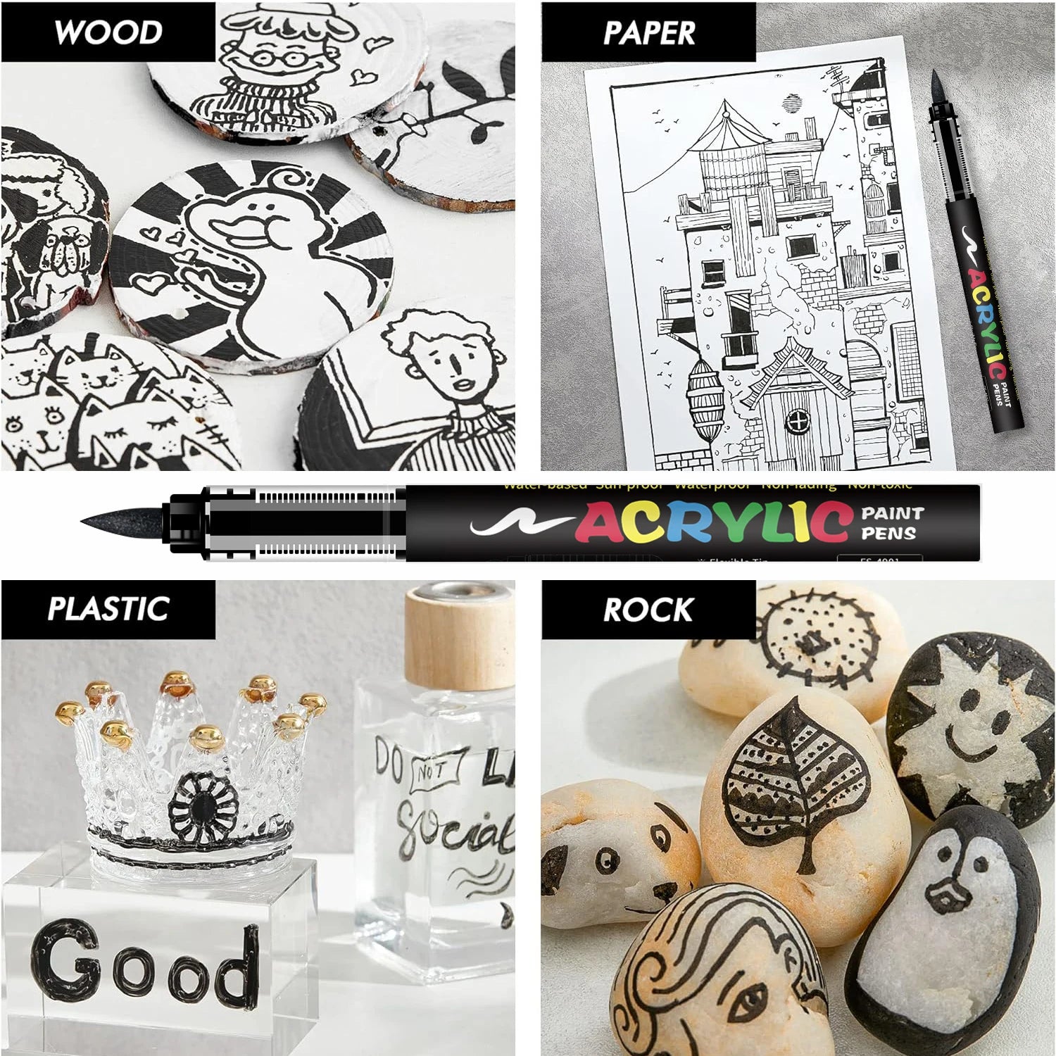 8pcs Black and White Acrylic Paint Markers Set, Large Ink Capacity, Acrylic Markers for Illustration Sketching, Wood, Glass, 